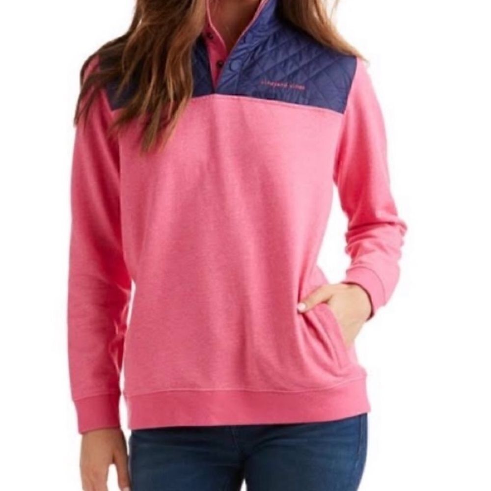 Vineyard Vines Shepard Quilted Snap Button Hooded Pullover Pink Blue